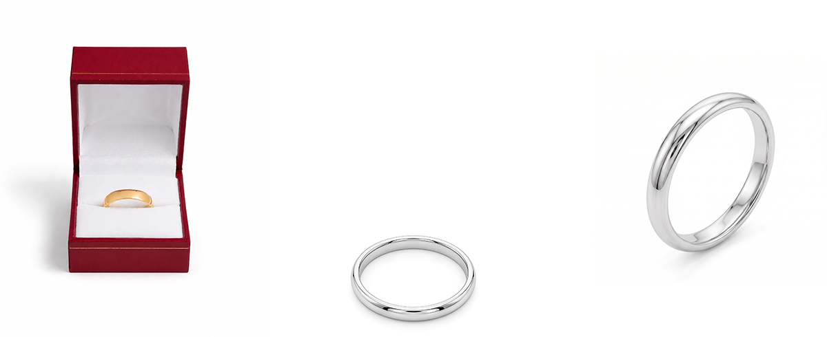 3 alliances en or 18 carats, une alliance est en or jaune et est dans un écrin, les deux autres bagues sont en or blanc 18 carats et sont sur un fond blanc. 