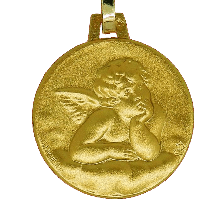 Pendentif ange de Raphael en or sur un fond blanc