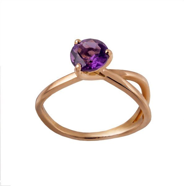 Bague solitaire croisée en or rose 18 carats, améthyste ronde violette serti 4 griffes, anneau double brin croisé