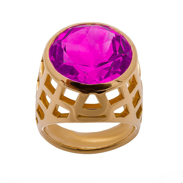 Bague améthyste ronde en or jaune 18 carats, monture haute ajourée en grille bombée, vue de face