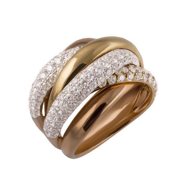 Bague multi-brins entrelacés en or jaune et or rose 18 carats, deux brins pavés de diamants ronds et un brin lisse se croisant en X, vue de côté