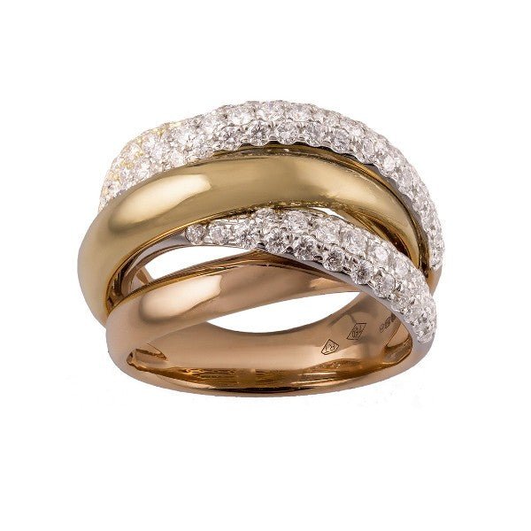 Bague multi-brins entrelacés en or jaune et or rose 18 carats, deux brins pavés de diamants ronds et un brin lisse se croisant en X, vue de face