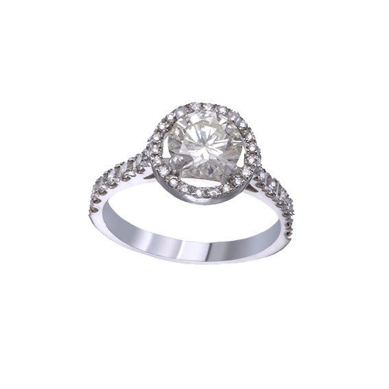 Bague de fiançailles solitaire halo en or blanc 18 carats sertie de diamants, vue de face