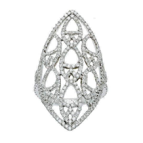 Bague marquise navette ajourée en or blanc 18 carats, entièrement pavée de diamants ronds brillants serti grain sur motifs entrelacés en arabesques, silhouette navette pointue aux deux extrémités, vue de face
