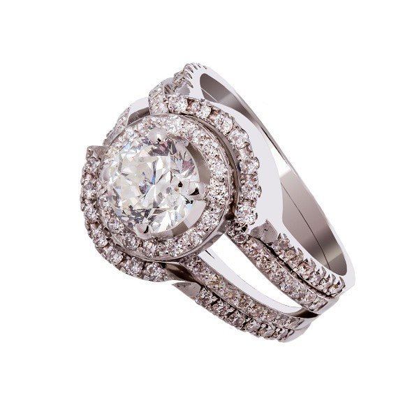 Bague de fiançailles en or blanc 18 carats avec son armature pavée assortie, ensemble complet, vue de côté