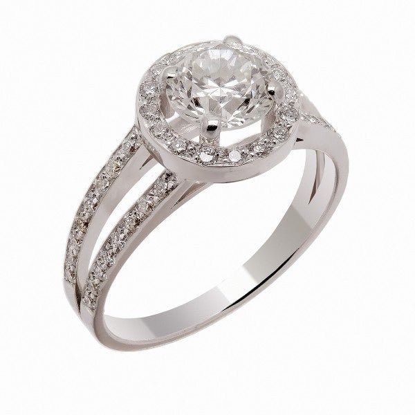 Bague de fiançailles en or blanc 18 carats, diamant central rond environ 1,20 carat en halo de diamants, double anneau fendu pavé, vue de côté