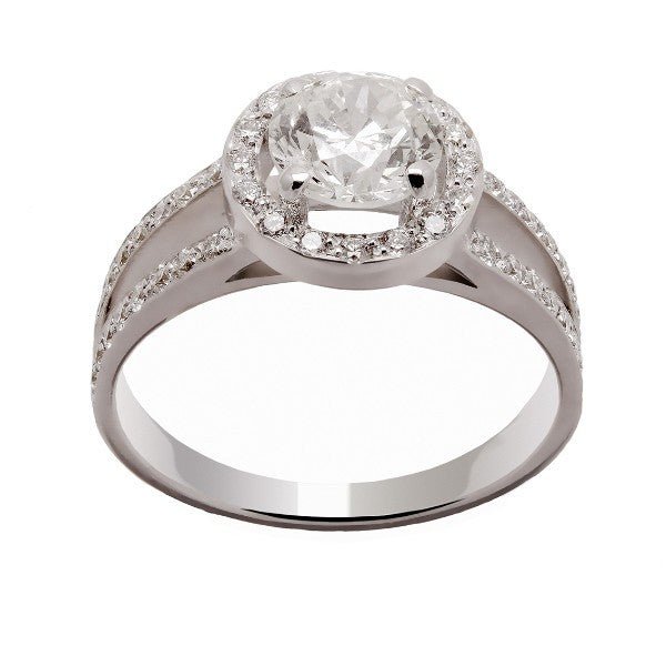 Bague de fiançailles en or blanc 18 carats, diamant central rond environ 1,20 carat en halo de diamants, double anneau fendu pavé, vue de face
