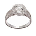 Bague de fiançailles en or blanc 18 carats, diamant central rond environ 1,20 carat en halo de diamants, double anneau fendu pavé, vue de face