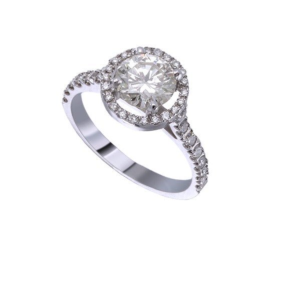 Bague de fiançailles solitaire halo en or blanc 18 carats sertie de diamants, vue de trois quarts