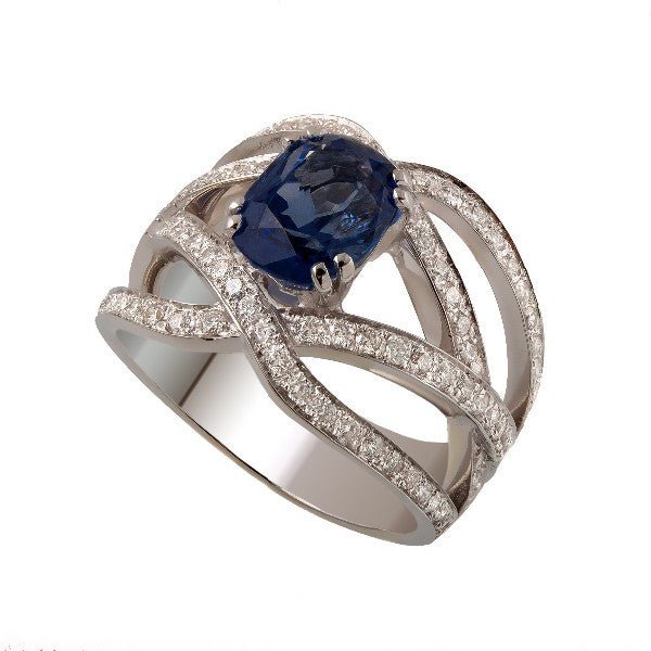 Bague dentelle multi-brins en or blanc 18 carats, saphir ovale bleu 2,49 ct serti 4 griffes, brins pavés de diamants ronds 0,98 ct, vue de côté