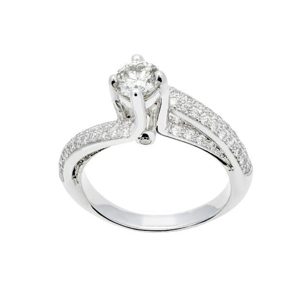 Bague de fiançailles en or blanc 18 carats, diamant central rond brillant environ 0,40 carat serti 6 griffes, anneau double brin tourbillon croisé pavé de deux rangs de diamants ronds serti grain, vue de face