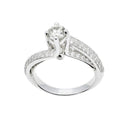 Bague de fiançailles en or blanc 18 carats, diamant central rond brillant environ 0,40 carat serti 6 griffes, anneau double brin tourbillon croisé pavé de deux rangs de diamants ronds serti grain, vue de face