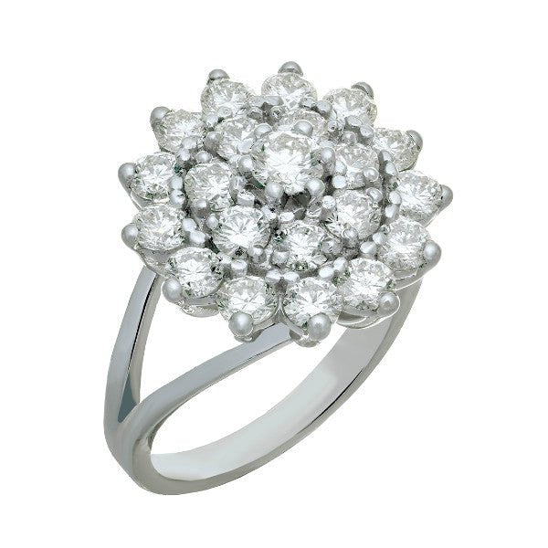 Bague fleur en or blanc 18 carats, 21 diamants ronds brillants environ 1,95 carat total serti griffes en trois couronnes concentriques, anneau double brin fendu poli, vue de côté