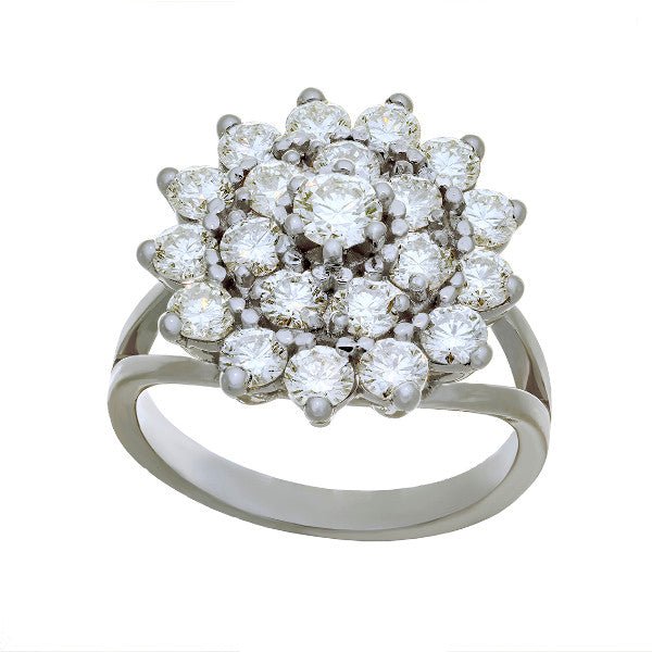 Bague fleur en or blanc 18 carats, 21 diamants ronds brillants environ 1,95 carat total serti griffes en trois couronnes concentriques, anneau double brin fendu poli, vue de face