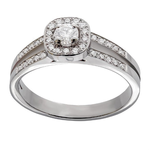 Bague solitaire en or blanc 18 carats, diamant central rond environ 0,15 carat en halo coussin pavé, anneau double brin avec rang de diamants serti grain, vue de face