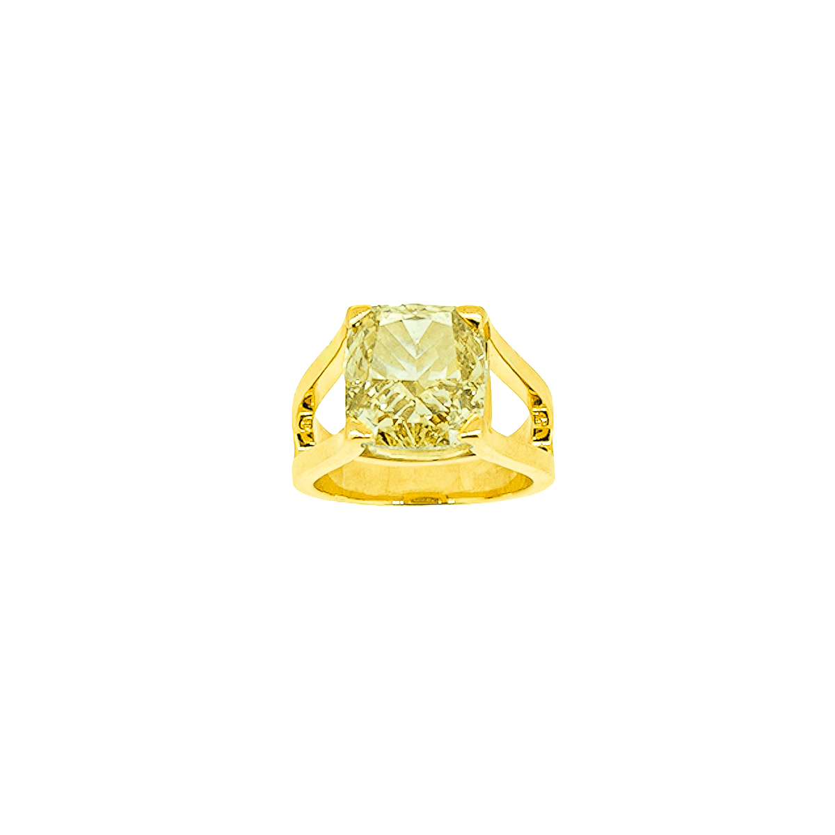 Bague solitaire en or jaune 18 carats, diamant jaune de laboratoire taille coussin environ 8 carats en serti 4 griffes rehaussées sur corps double brin fendu ajouré, vue de face