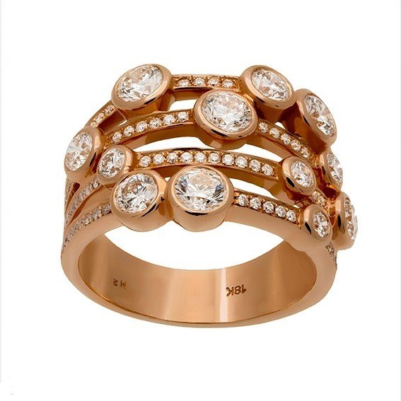 Bague constellation multi-rangs en or rose 18 carats avec diamants ronds sertis clos, vue de face