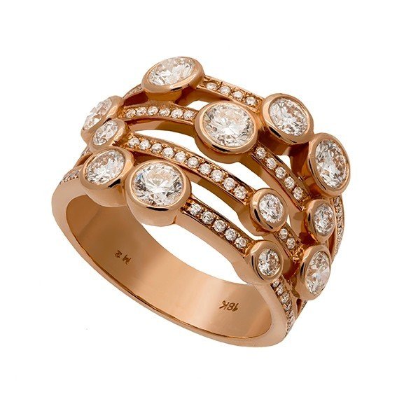 Bague constellation multi-rangs en or rose 18 carats avec diamants ronds sertis clos, vue de trois quarts