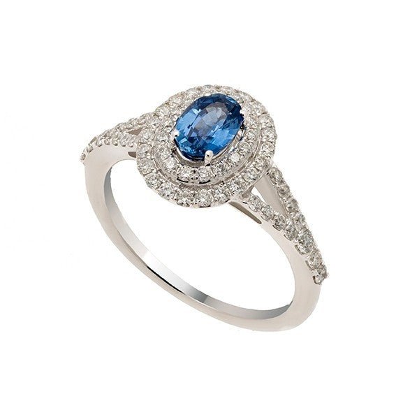 Bague saphir bleu double halo en or blanc 18 carats avec diamants ronds, vue de côté
