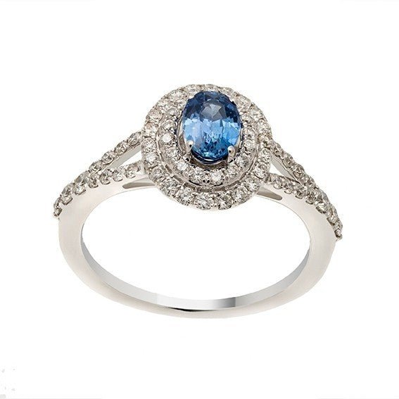 Bague saphir bleu double halo en or blanc 18 carats avec diamants ronds, vue de face