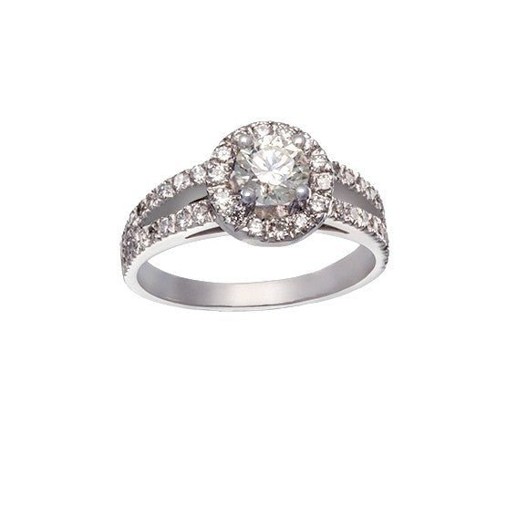 Bague de fiançailles halo en or blanc 18 carats, diamant central rond brillant 0,63 ct entouré d’un halo, anneau fendu pavé, vue de face