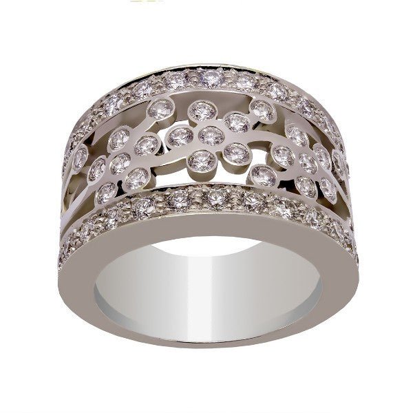 Bague jonc large ajourée en or blanc 18 carats, motif floral central avec diamants ronds serti clos en corolles, deux rangs pavés sur bords supérieur et inférieur, vue de face