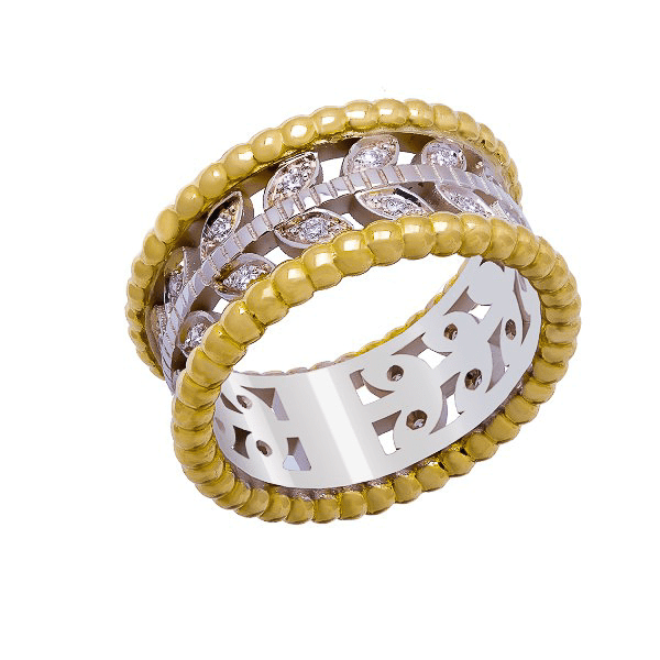 Bague jonc large bicolore en or jaune et or blanc 18 carats, deux rangs perlés en or jaune encadrant un bandeau central or blanc ajouré de motifs floraux, rang de feuilles de laurier styliées serties de diamants marquise serti lunette et ronds serti grain, vue de côté