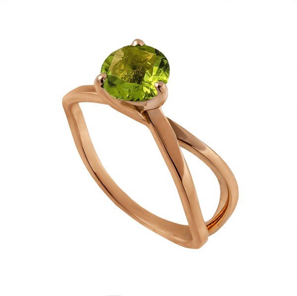 Bague solitaire croisée en or rose 18 carats, péridot rond vert serti 4 griffes, anneau double brin croisé