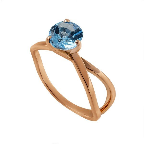 Bague solitaire croisée en or rose 18 carats, topaze bleue ronde serti 4 griffes, anneau double brin croisé