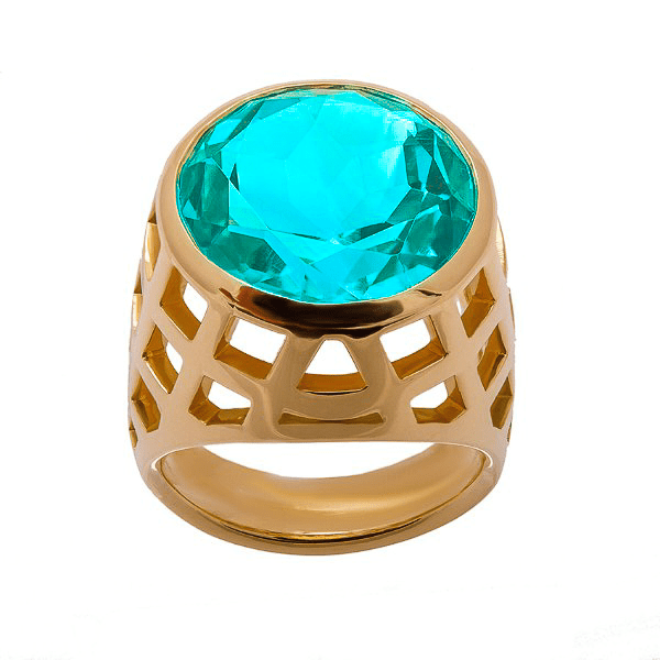 Bague topaze bleue ronde en or jaune 18 carats, monture haute ajourée en grille bombée, vue de face