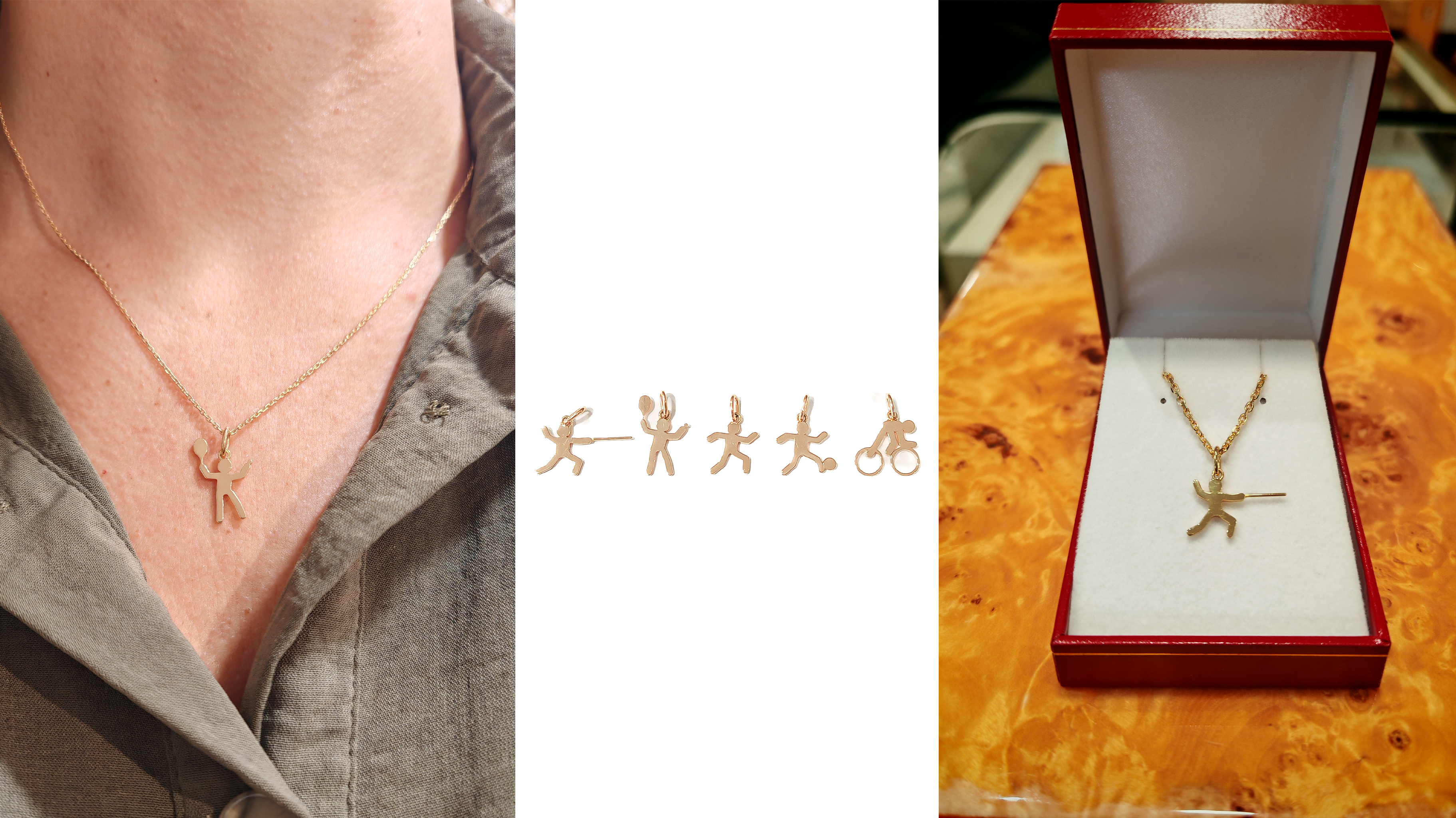 Bannière Or Gemmes montrant les pendentifs en or de la collection sportive, sur la première photo, le tennisman est porté, sur la deuxième, on voit les pendentifs alignés, et sur la dernière, le pendentif escrime est dans un écrin.