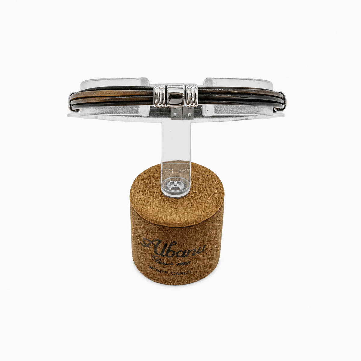 Bracelet Albanu en corne de taureau brun foncé avec fermoir cylindrique en acier poli strié
