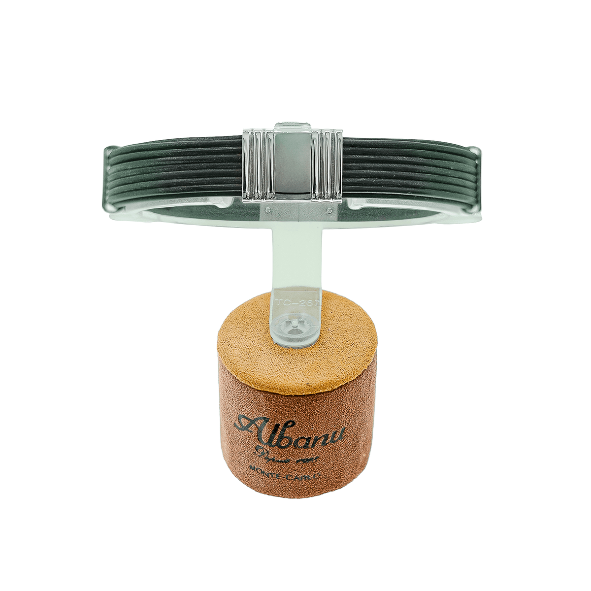 Bracelet Albanu en corne de taureau noir avec fermoir rectangulaire en acier poli argenté