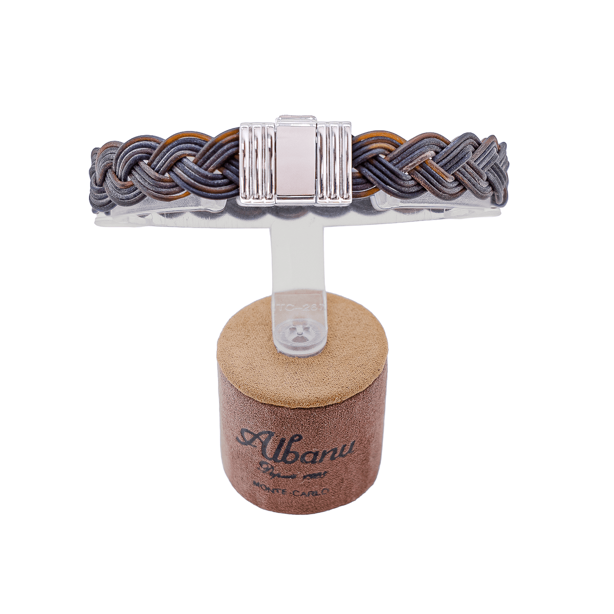 Bracelet Albanu tressé en cuir de pomme tons gris brun et ocre avec fermoir rectangulaire en acier poli strié