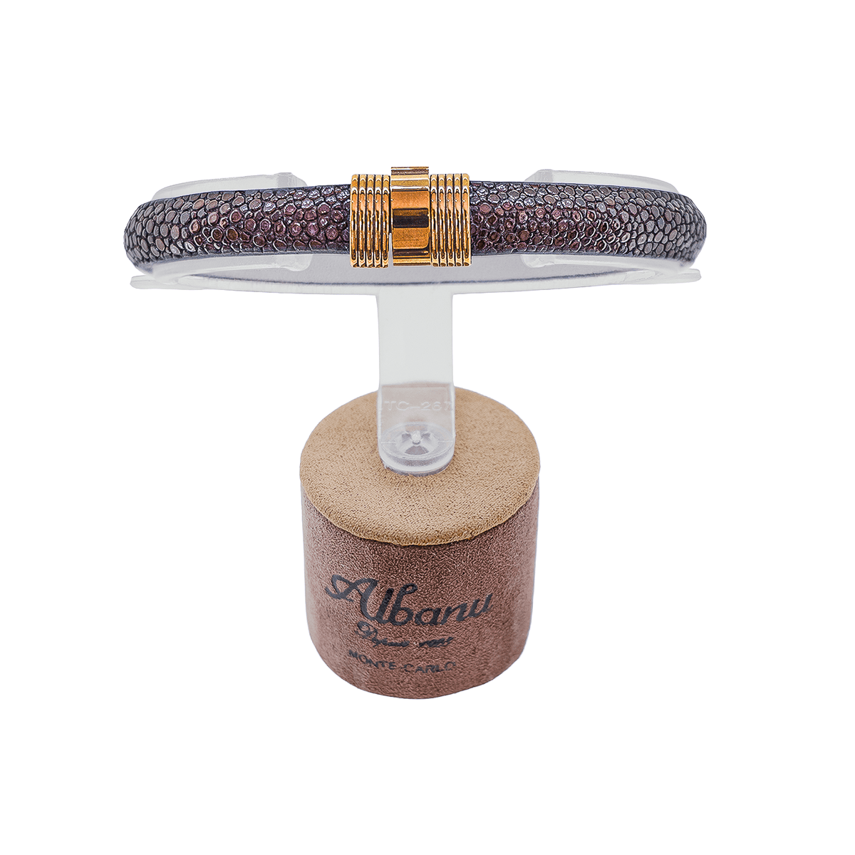 Bracelet Albanu en galuchat gris-mauve avec fermoir cylindrique strié en acier PVD cuivré
