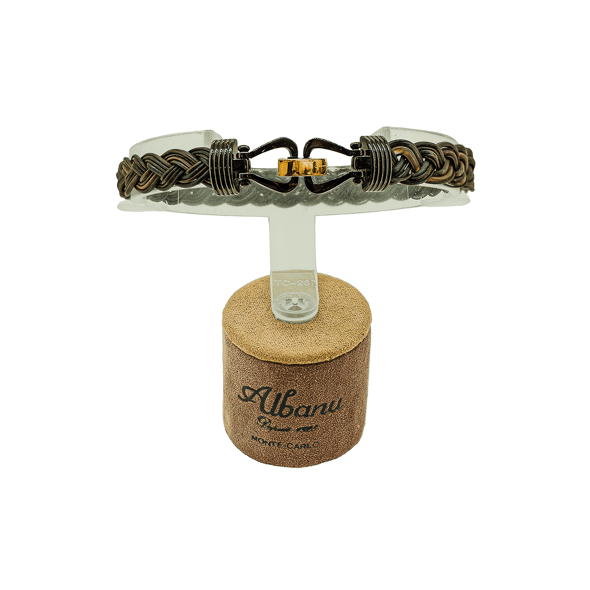 Bracelet Albanu fait en poil d'éléphant tressé avec un fermoir en or jaune 18 carats et en acier noir sur fond blanc
