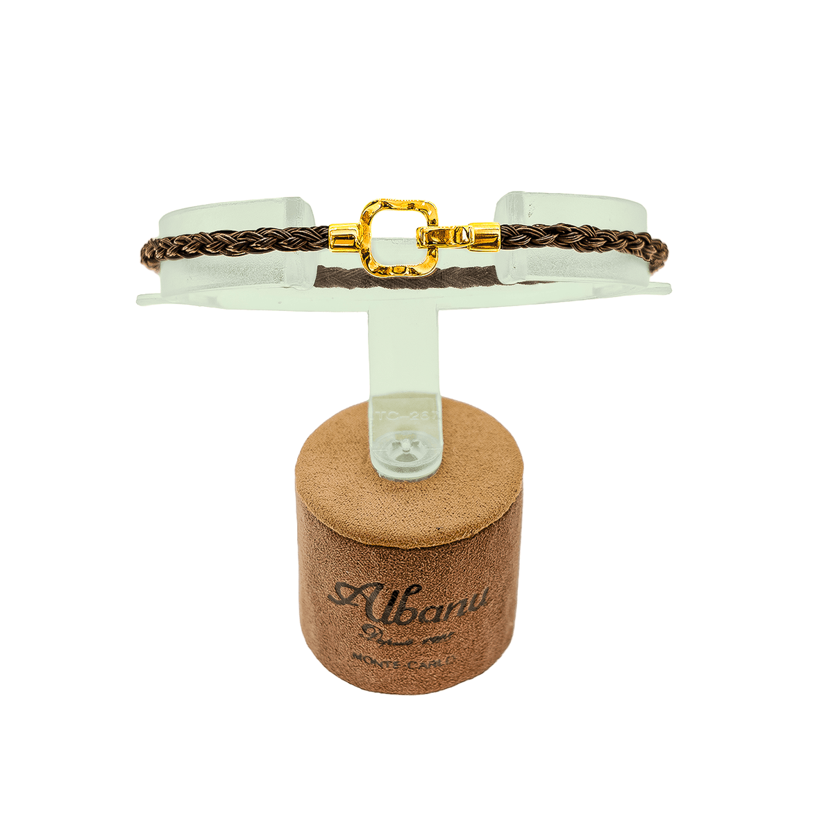 Bracelet Albanu en poil d'éléphant tressé avec fermoir en or jaune 18 carats sur fond blanc