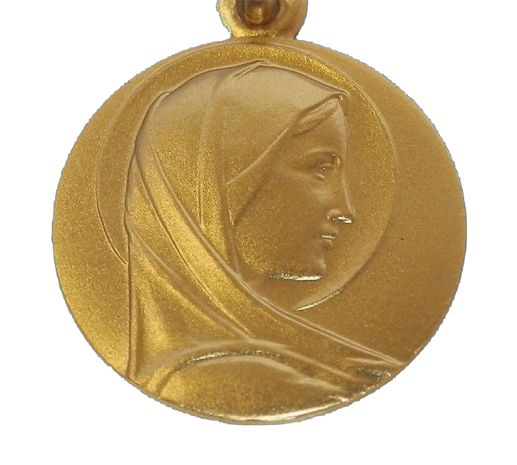 Pendentif Vierge marie de profil en or sur un fond blanc