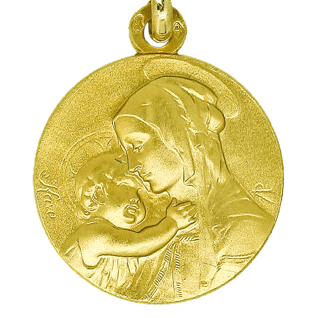 Pendentif Vierge à l'enfant en or sur un fond blanc