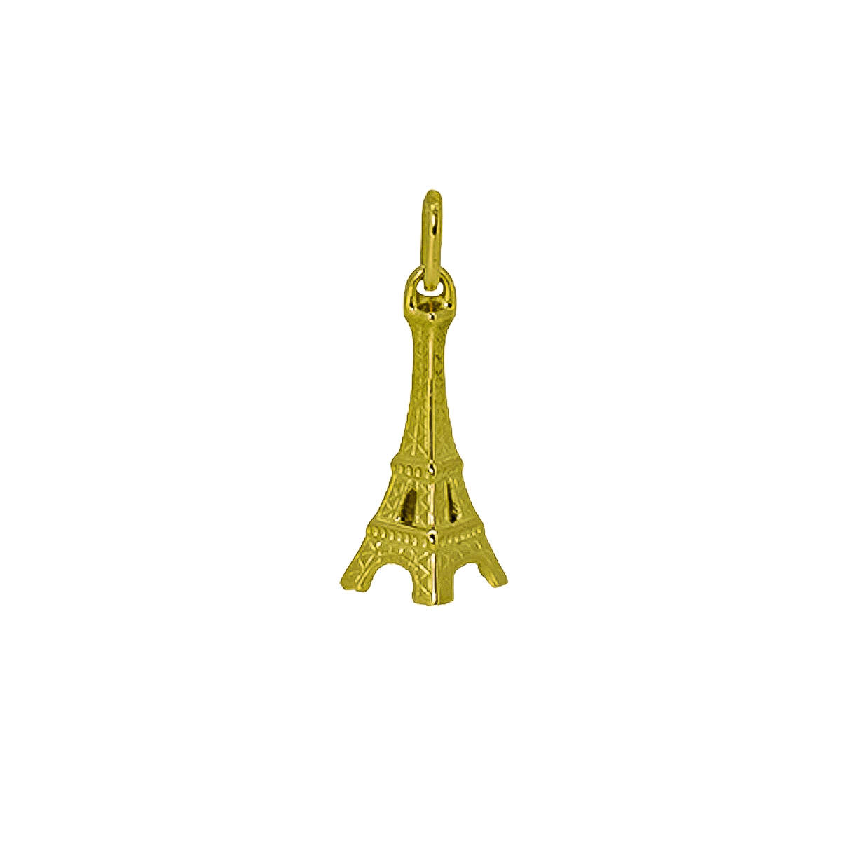 Pendentif tour Eiffel en or jaune 18 carats de profil sur un fond blanc.