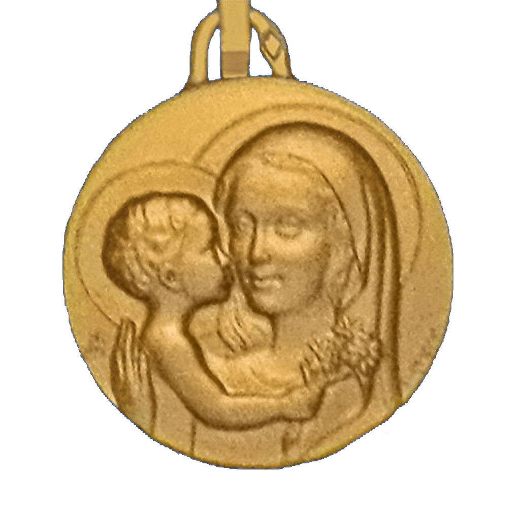 Pendentif Vierge à l'enfant amour en or sur un fond blanc