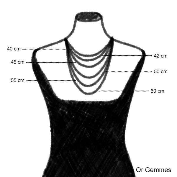 Dessin d'un mannequin avec guide des différentes tailles de chaînes en or, les tailles sont : 42cm, 45cm, 50cm, 55cm et 60cm